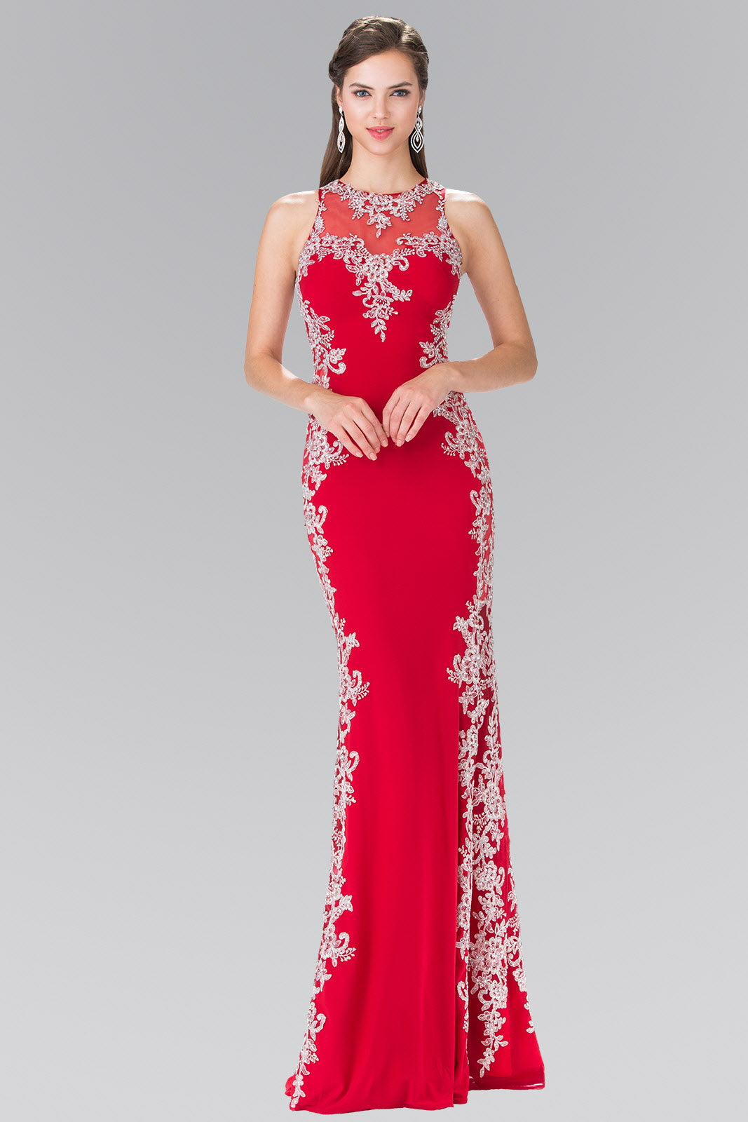 Embroidered Jersey Long Dress with Open Back Tux-USA