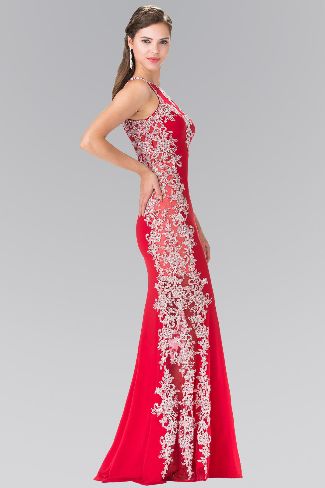 Embroidered Jersey Long Dress with Open Back Tux-USA