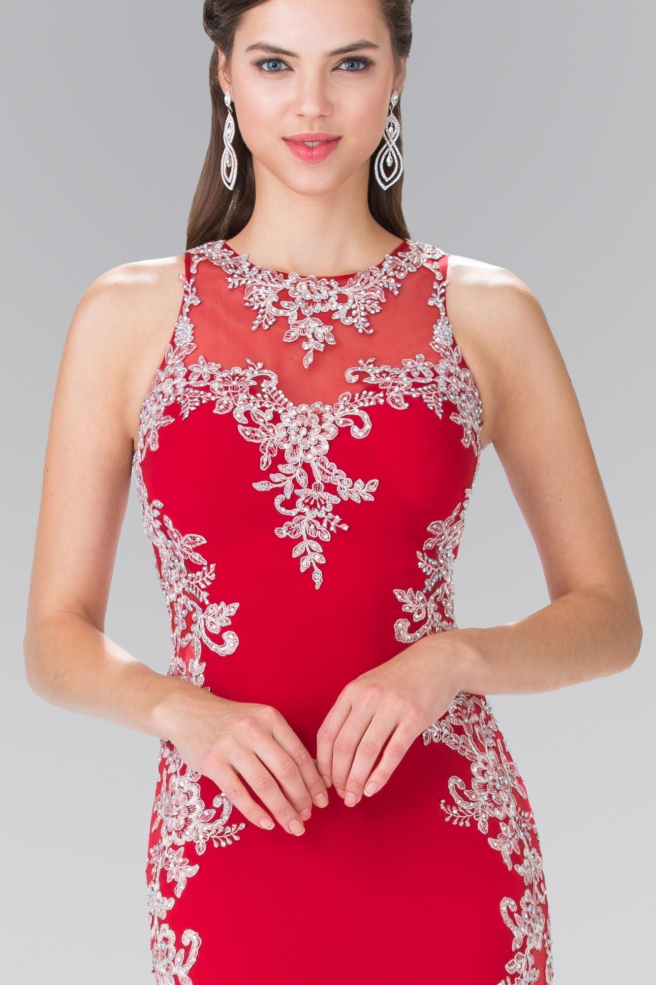 Embroidered Jersey Long Dress with Open Back Tux-USA