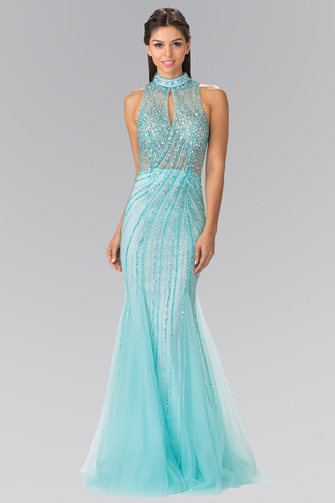 Full Beaded Halter Neck Illusion Top Dress with Open Back Tux-USA