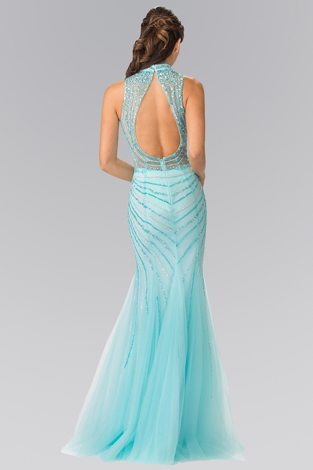Full Beaded Halter Neck Illusion Top Dress with Open Back Tux-USA