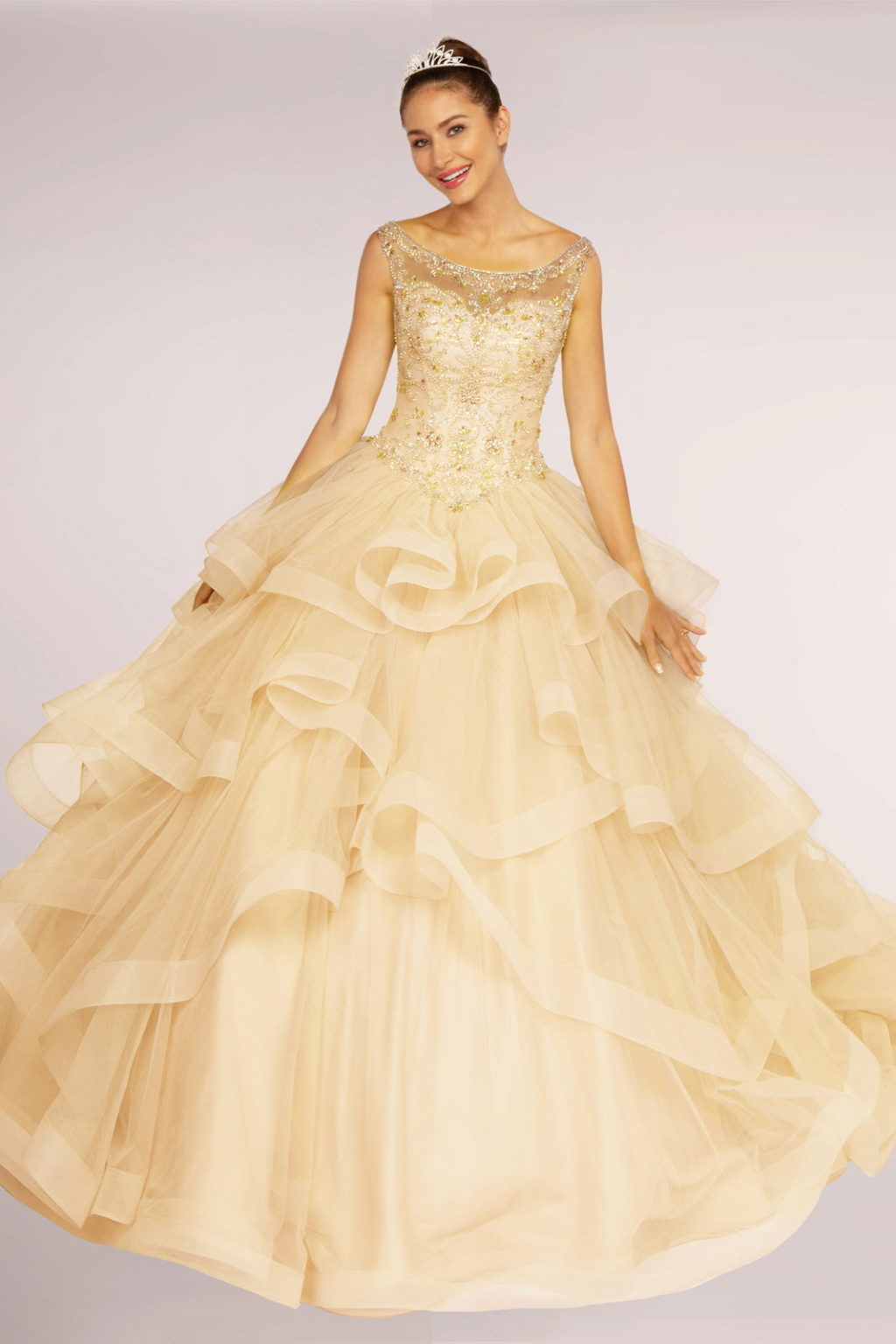 Jewel Embellished Boat Neck Multi-Layered Skirt Ball Gown Tux-USA