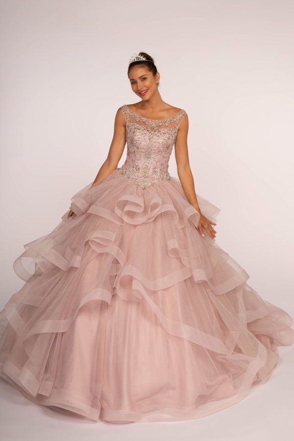 Jewel Embellished Boat Neck Multi-Layered Skirt Ball Gown Tux-USA