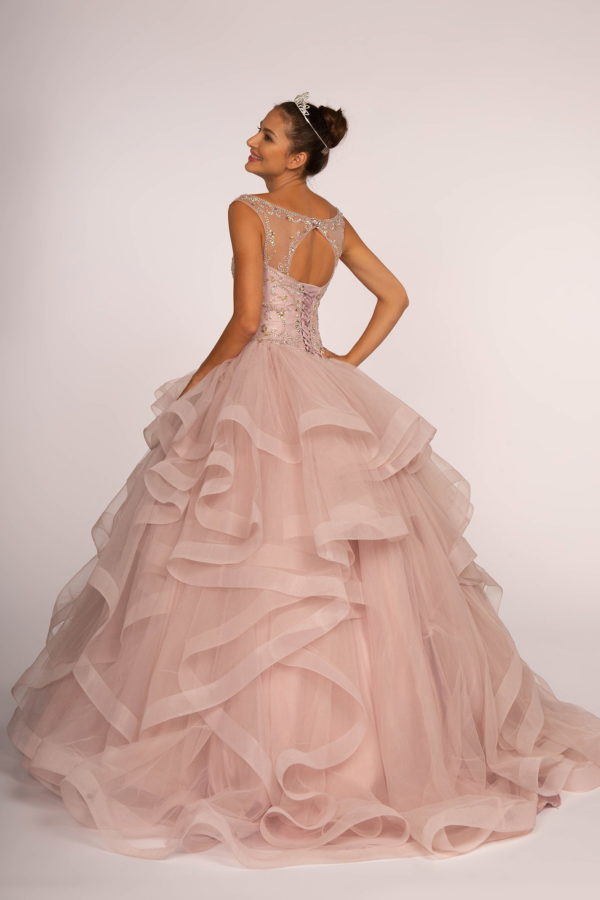 Jewel Embellished Boat Neck Multi-Layered Skirt Ball Gown Tux-USA