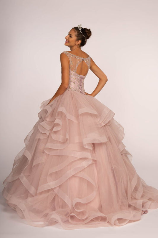 Jewel Embellished Boat Neck Multi-Layered Skirt Ball Gown Tux-USA