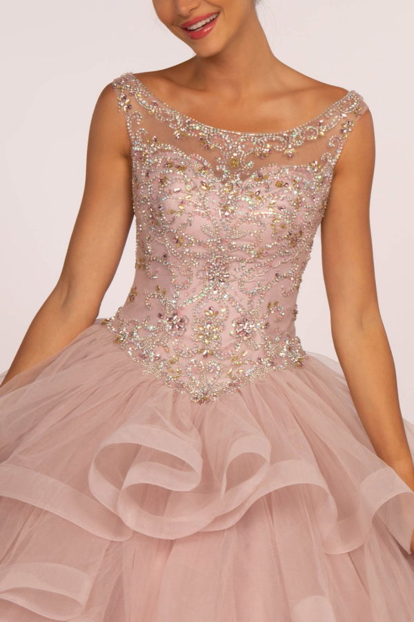 Jewel Embellished Boat Neck Multi-Layered Skirt Ball Gown Tux-USA