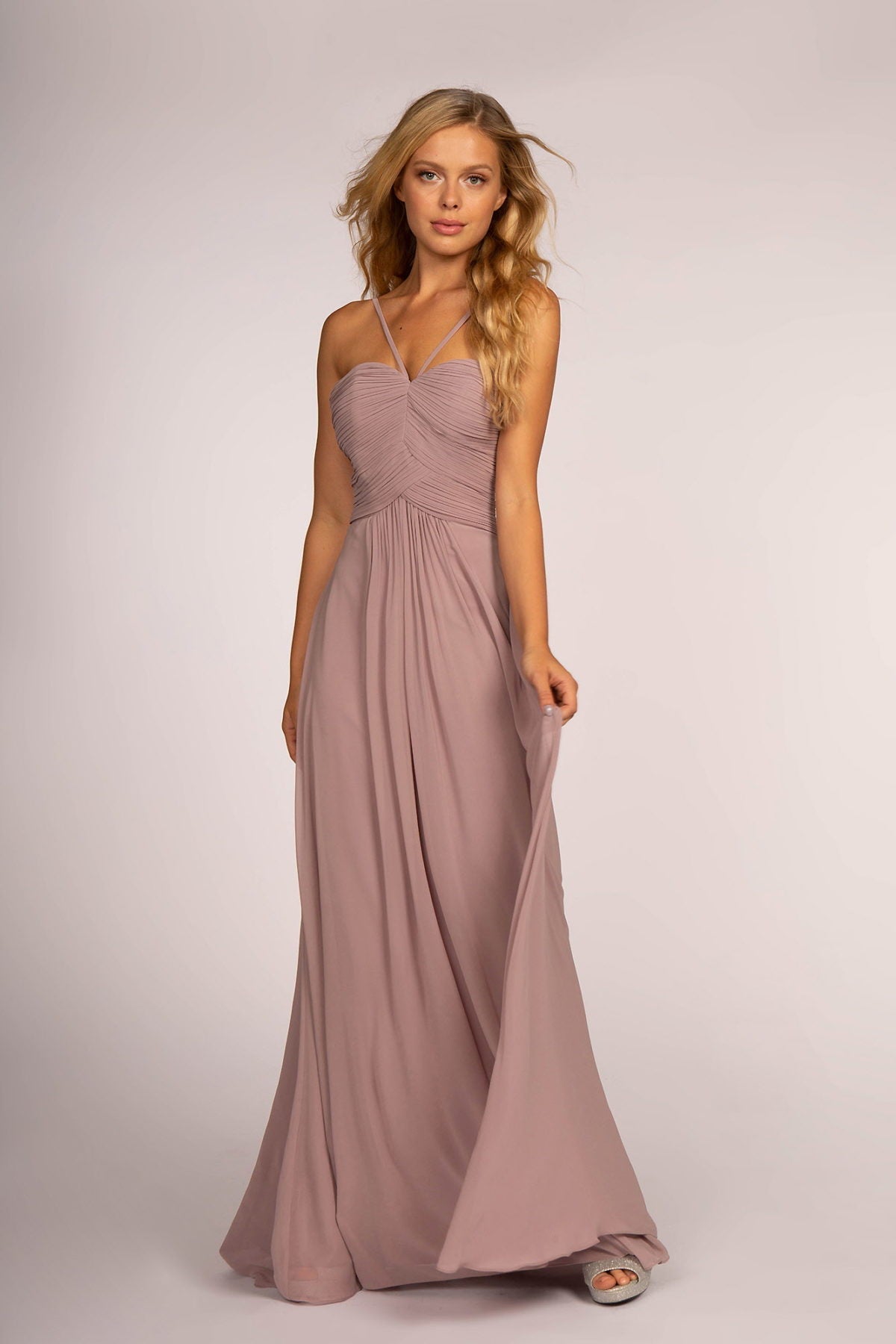 Chiffon Ruched-Bodice Long Dress Tux-USA