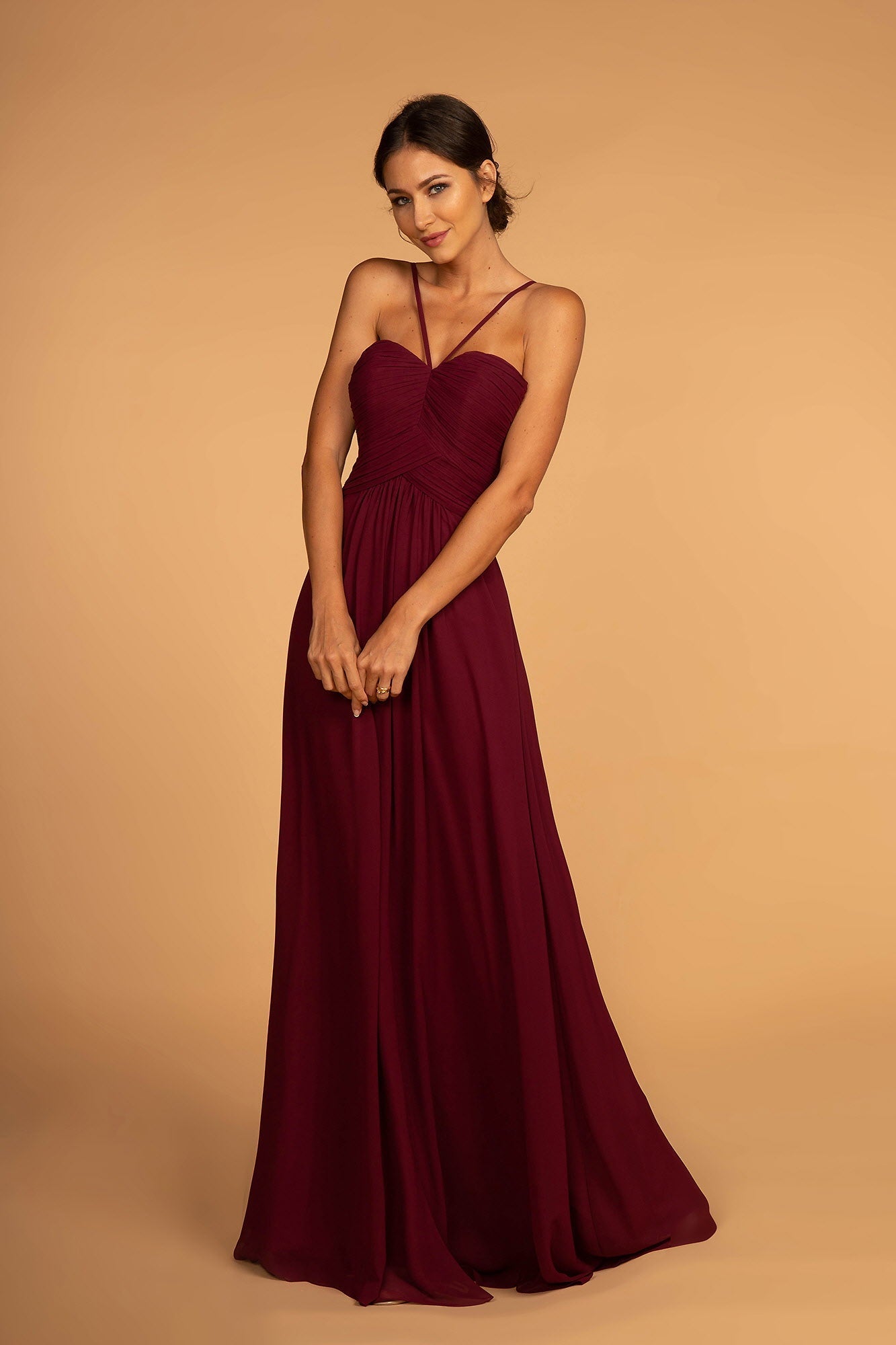 Chiffon Ruched-Bodice Long Dress Tux-USA