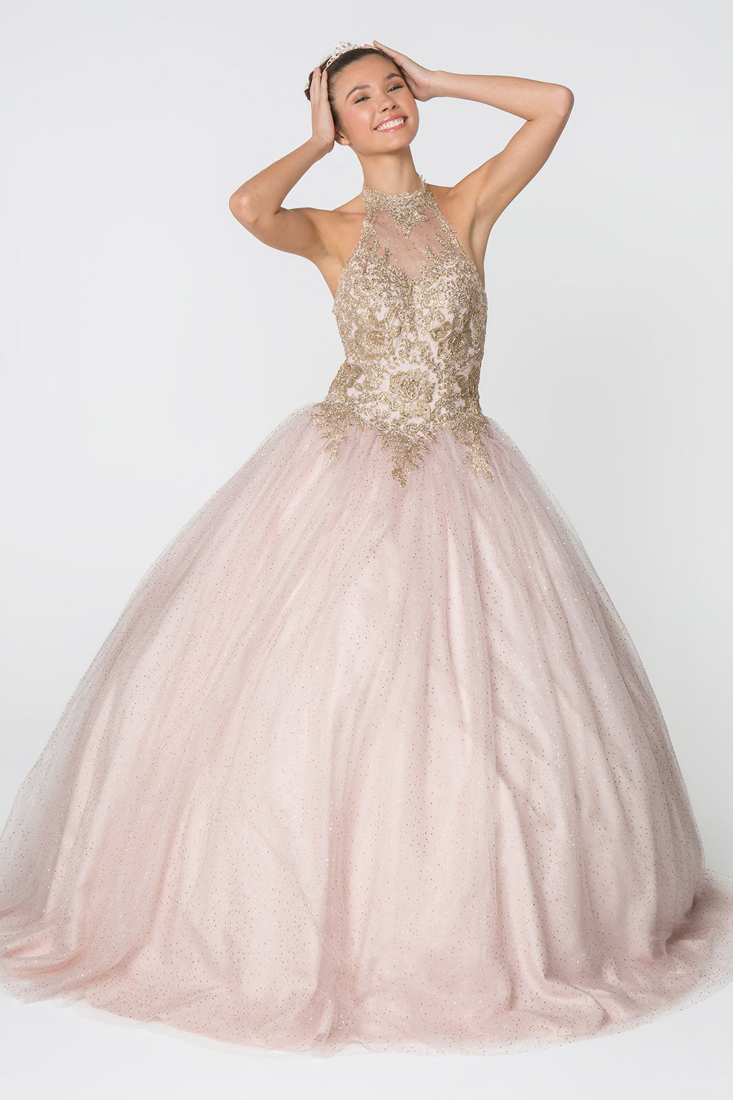 Embroidery and Jewel Embellished Halter Neck Glitter Mesh Ball Gown Tux-USA