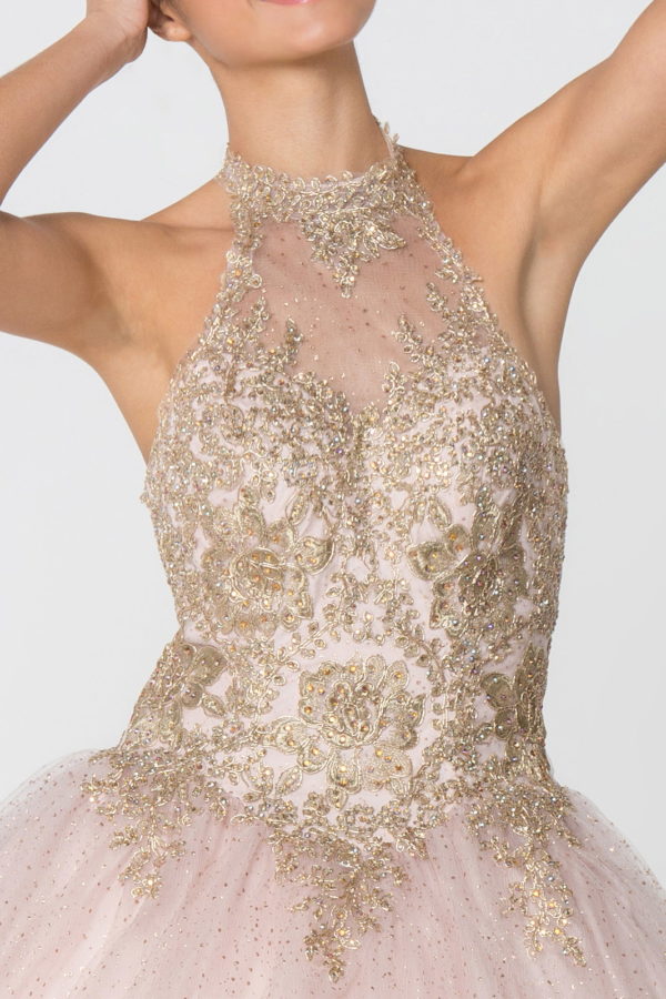 Embroidery and Jewel Embellished Halter Neck Glitter Mesh Ball Gown Tux-USA