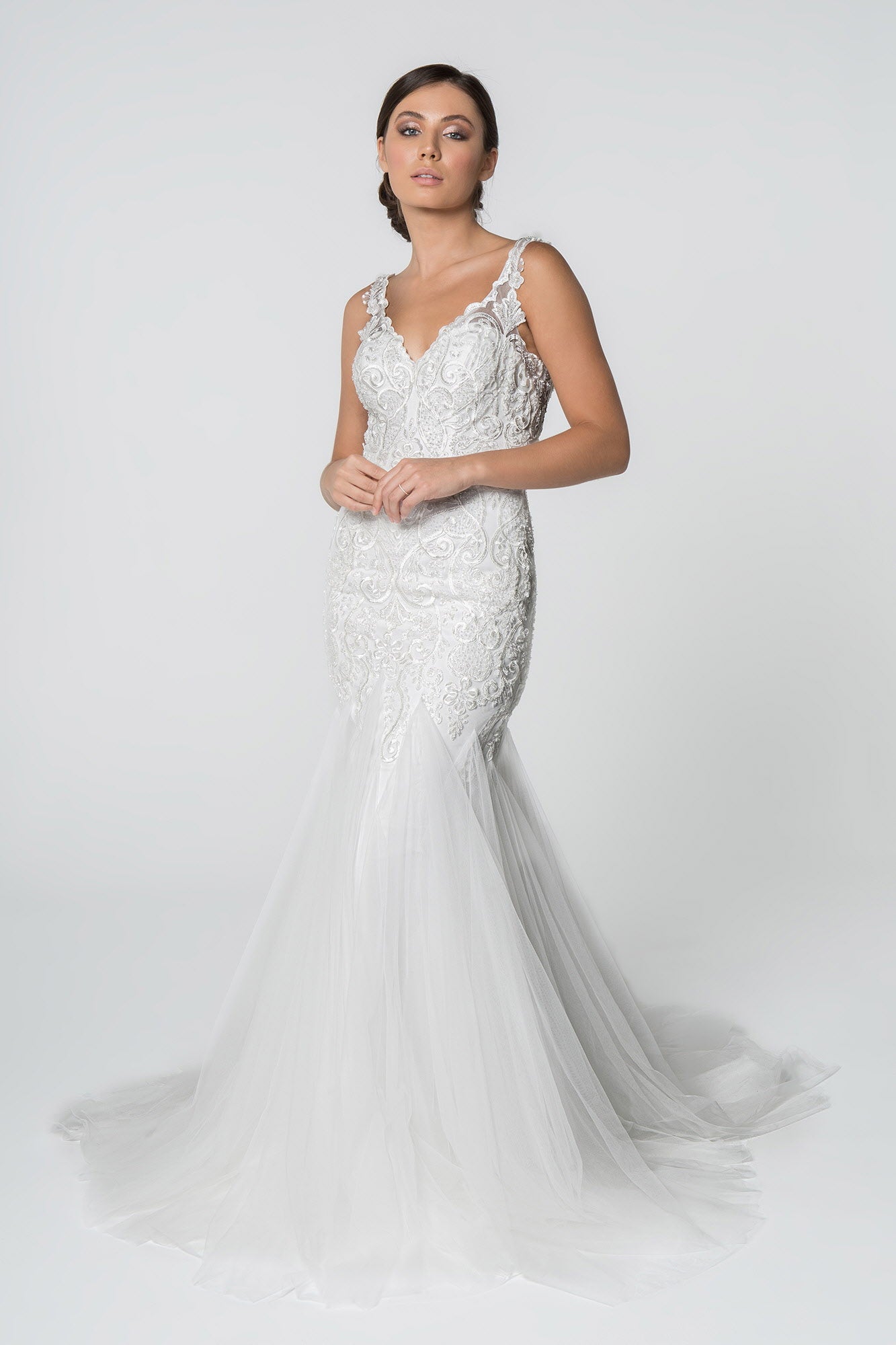 Embroidered Bodice V-Neck Mermaid Wedding Gown w/ Mesh Tail Tux-USA
