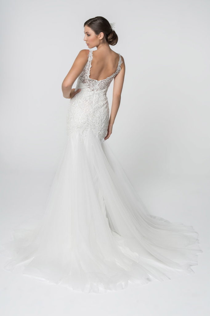 Embroidered Bodice V-Neck Mermaid Wedding Gown w/ Mesh Tail Tux-USA