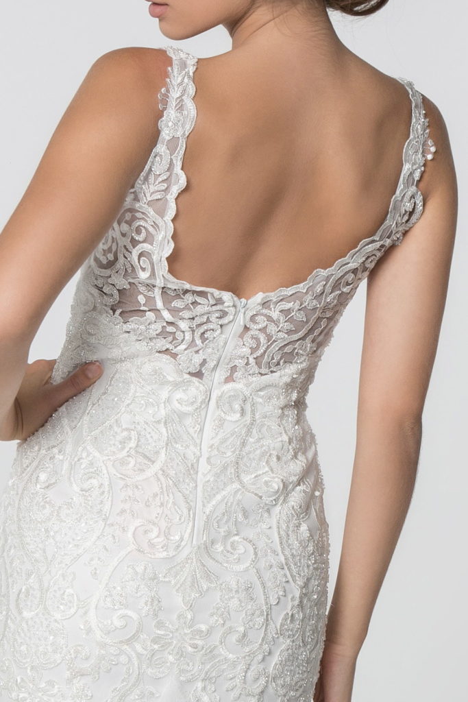Embroidered Bodice V-Neck Mermaid Wedding Gown w/ Mesh Tail Tux-USA
