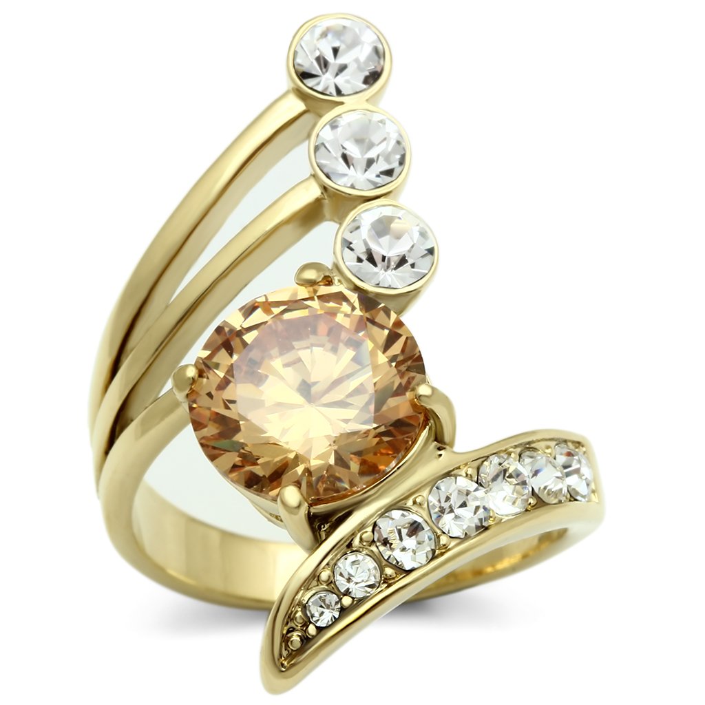GL300 - IP Gold(Ion Plating) Brass Ring with AAA Grade CZ  in Champagne-0