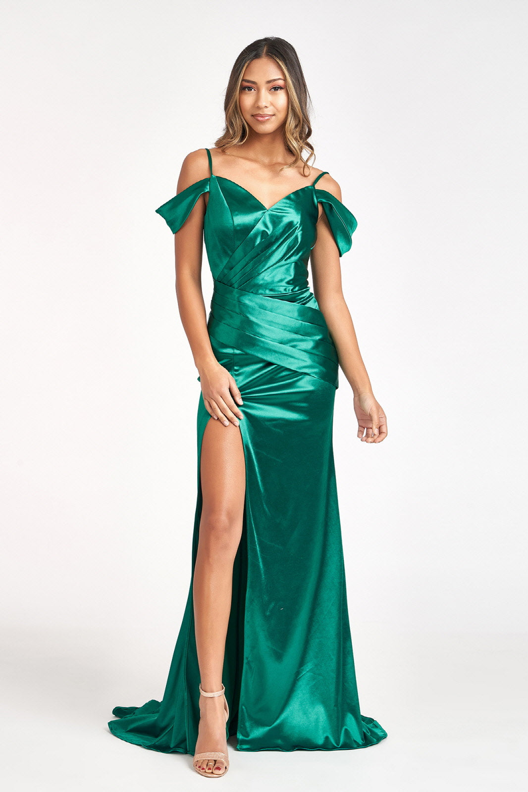 Sweetheart Satin Mermaid Dress w/ Pleated Waist and Slit Tux-USA