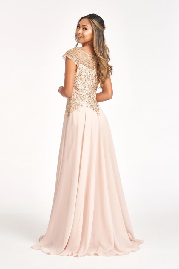 Beads Embellished Chiffon A-line Dress w/ Cap Sleeves Tux-USA