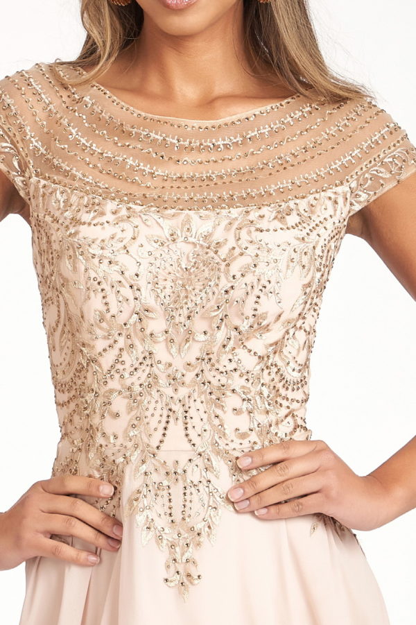 Beads Embellished Chiffon A-line Dress w/ Cap Sleeves Tux-USA