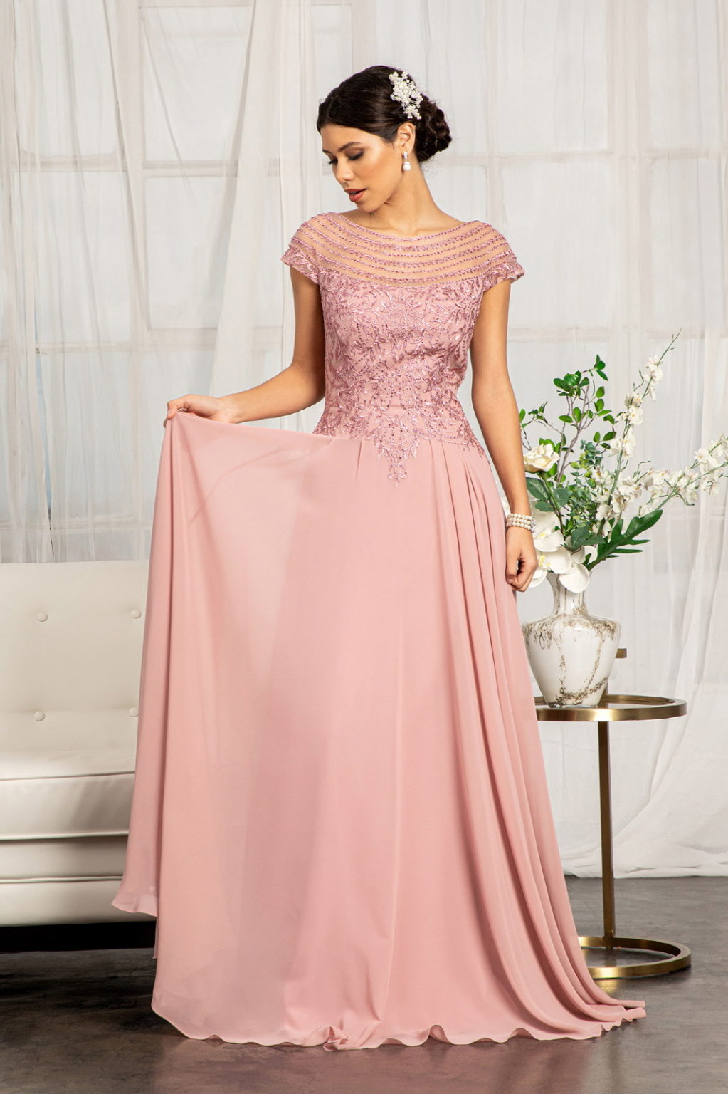 Beads Embellished Chiffon A-line Dress w/ Cap Sleeves Tux-USA