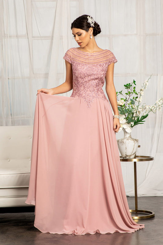 Beads Embellished Chiffon A-line Dress w/ Cap Sleeves Tux-USA