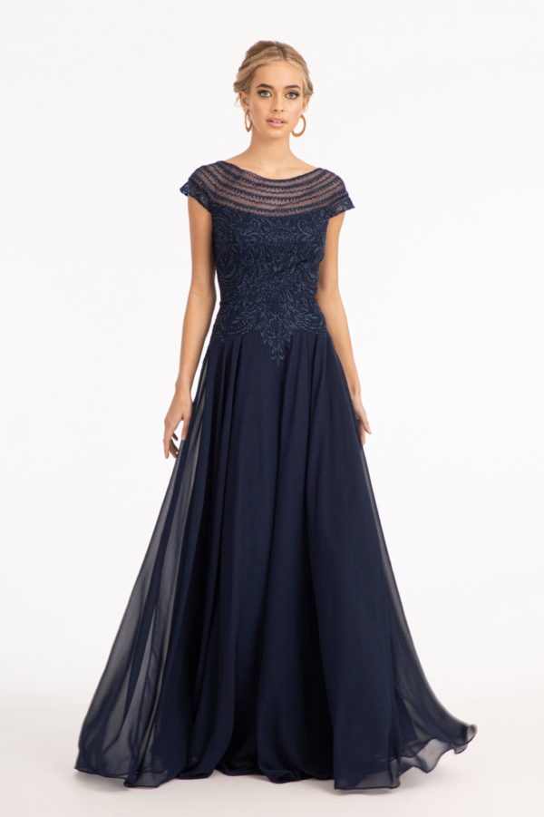 Beads Embellished Chiffon A-line Dress w/ Cap Sleeves Tux-USA