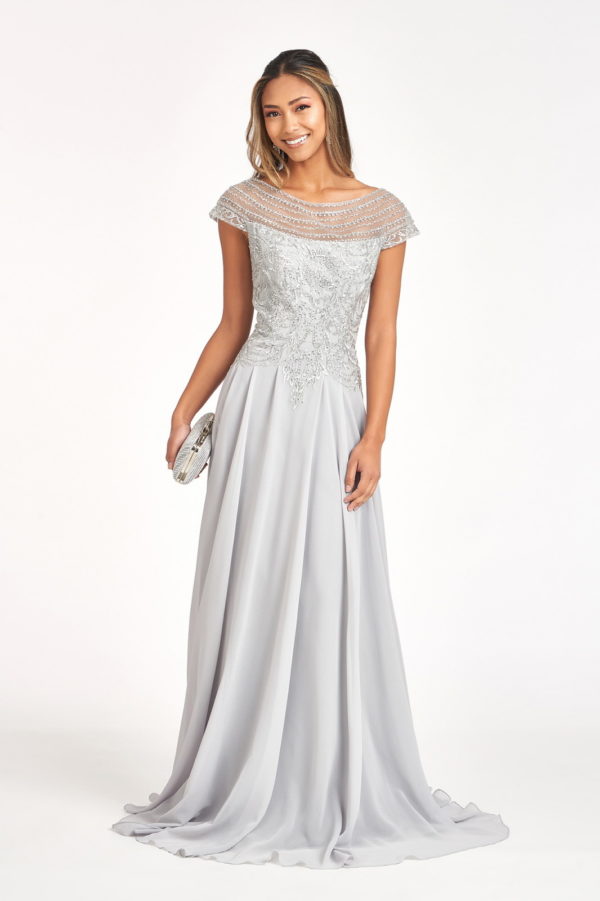 Beads Embellished Chiffon A-line Dress w/ Cap Sleeves Tux-USA