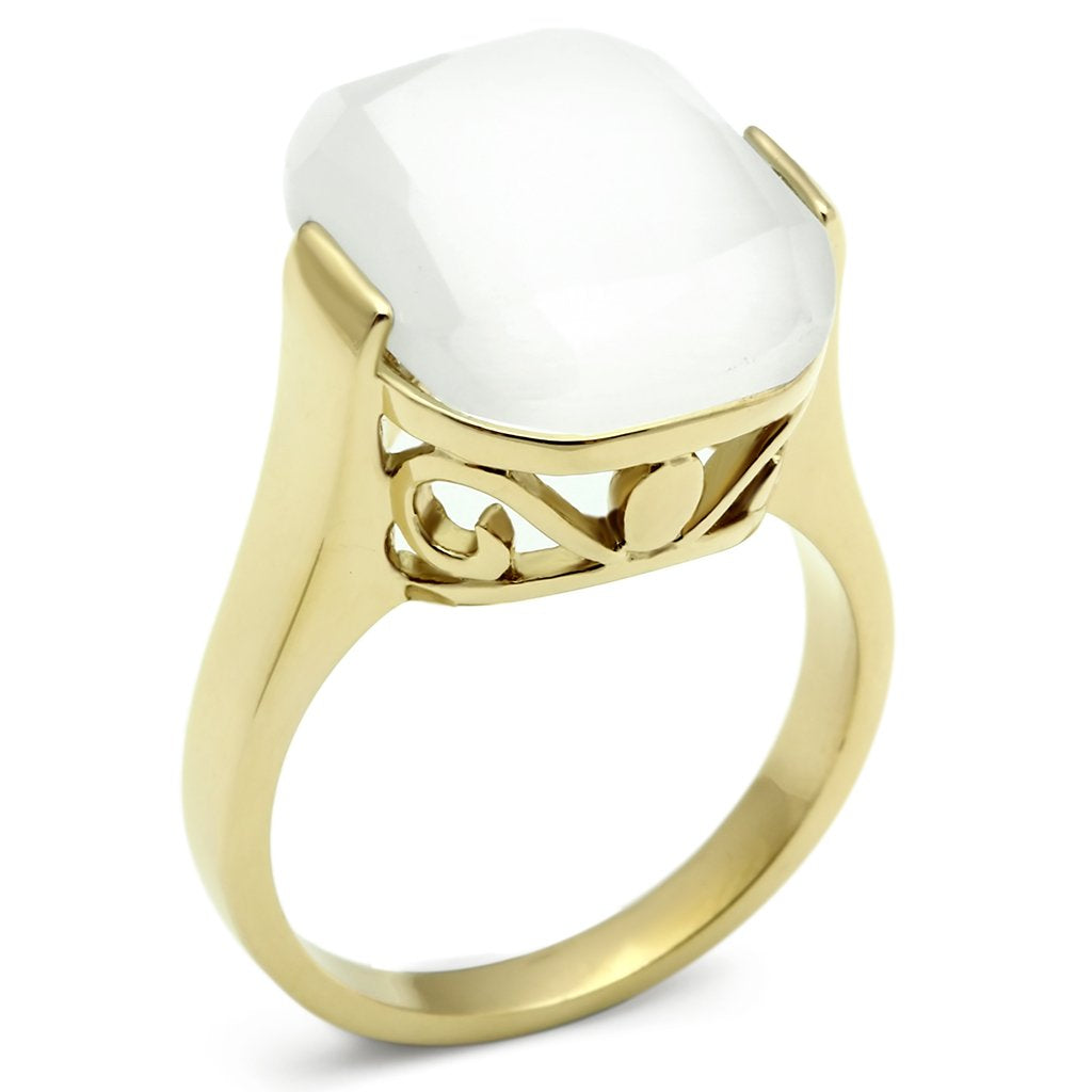 GL309 - IP Gold(Ion Plating) Brass Ring with Synthetic Cat Eye in White Alamode