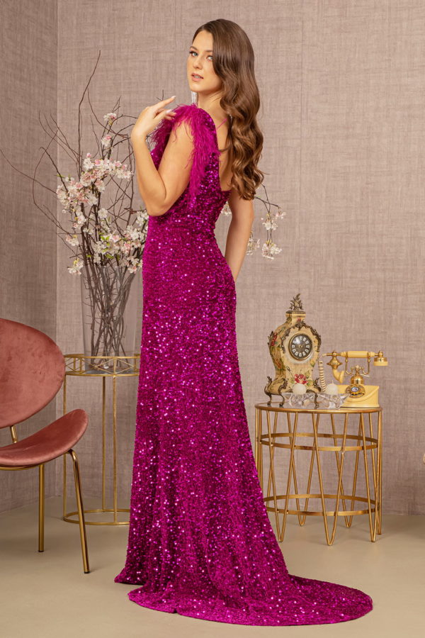 Asymmetric Sleeveless Feather Sequin Velvet Mermaid Dress Tux-USA