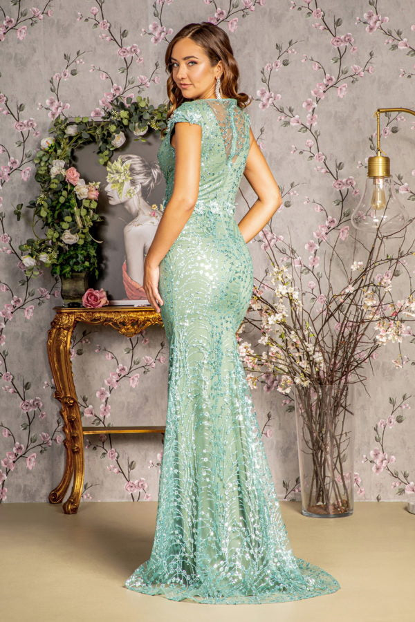 3-D Flower Glitter Sheer Neckline Mesh Mermaid Long Dress Tux-USA
