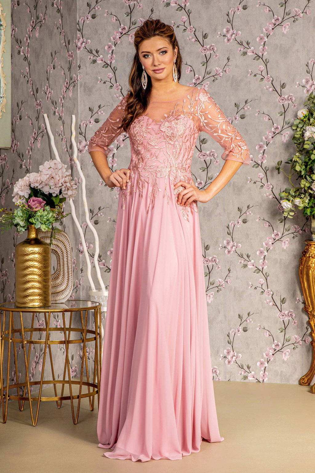 Bead Embroidery Sheer Neckline V-back Chiffon A-line Long Dress Tux-USA