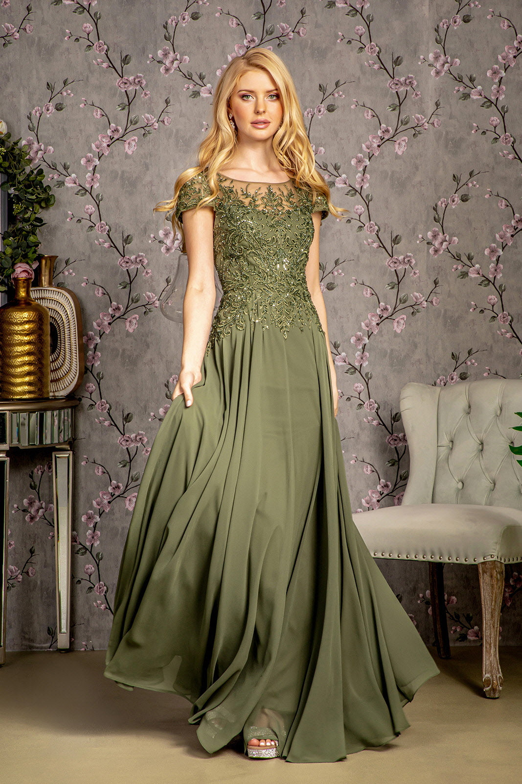 Embroidery Bead Sheer Bodice A-line Chiffon Long Dress Tux-USA