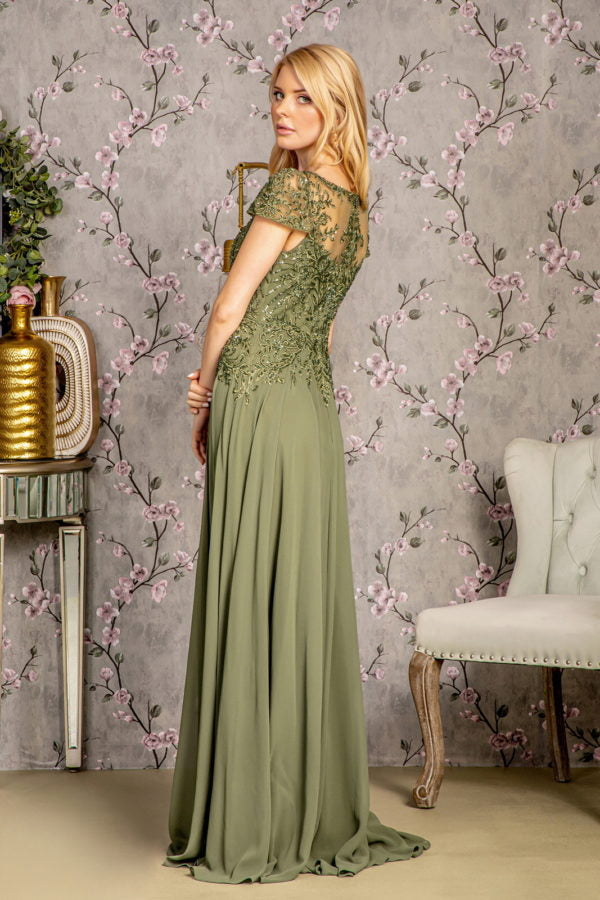 Embroidery Bead Sheer Bodice A-line Chiffon Long Dress Tux-USA