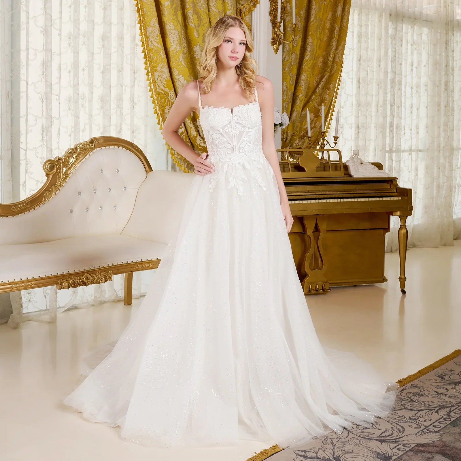 A-Line Wedding Dress Spaghetti Straps Bodice With A Boat Neckline Tux-USA