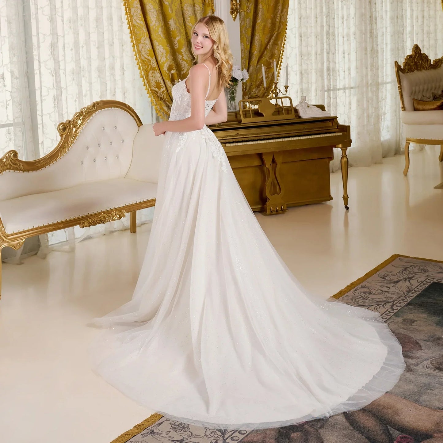 A-Line Wedding Dress Spaghetti Straps Bodice With A Boat Neckline Tux-USA
