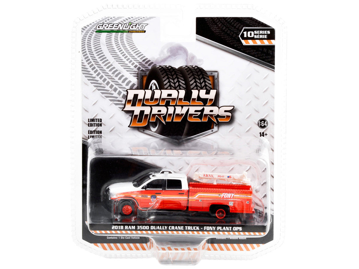 2018 Ram 3500 Dually Crane Truck Red and White with Stripes "FDNY (Fire Department of the City of New York) Plant Ops" "Dually Drivers" Series 10 1/64 Diecast Model Car by Greenlight Greenlight