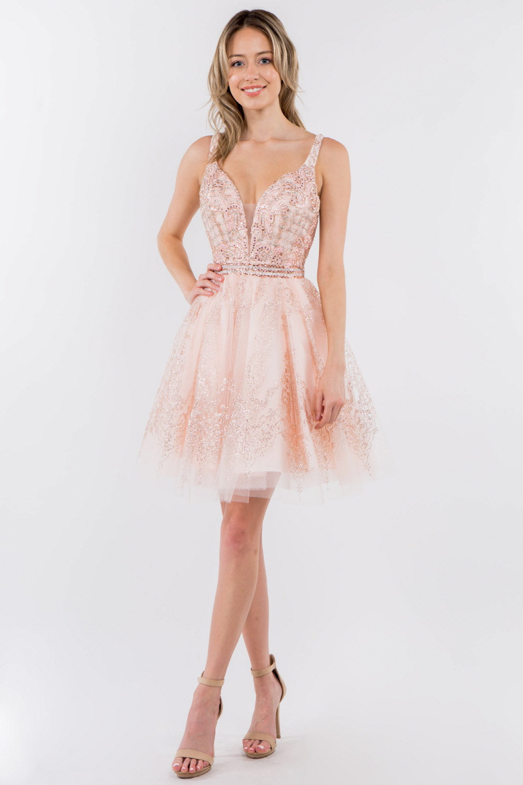 Jewel Accented Waistline Glitter Mesh V-Neck Short Dress Tux-USA