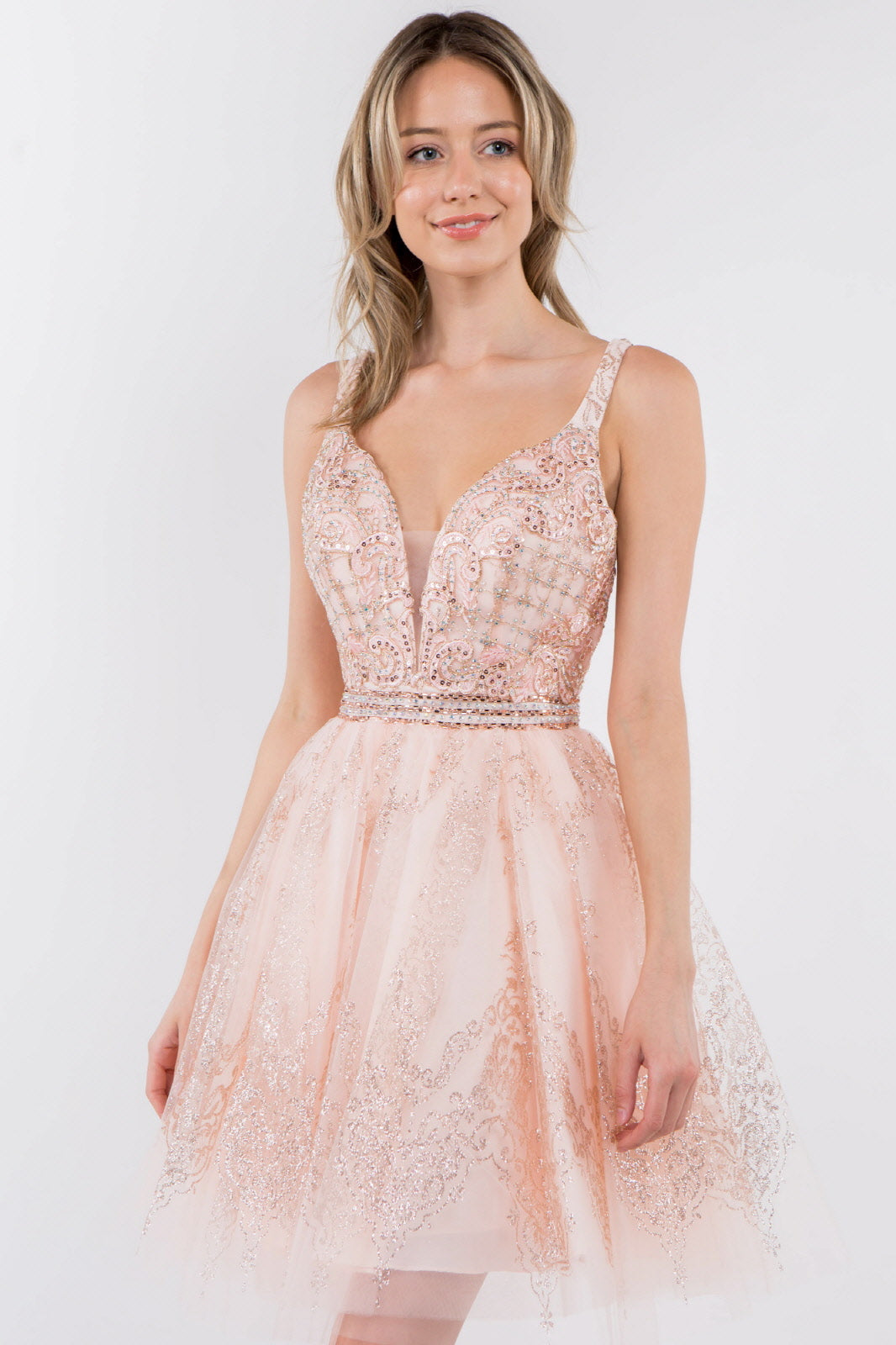 Jewel Accented Waistline Glitter Mesh V-Neck Short Dress Tux-USA