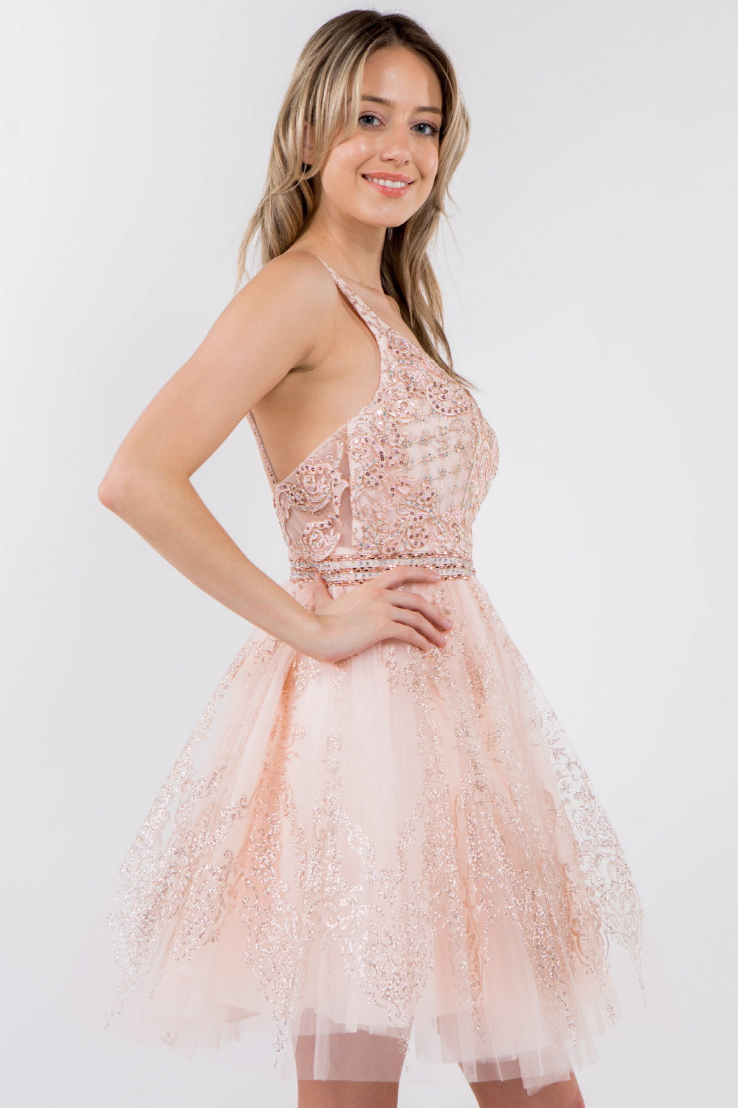 Jewel Accented Waistline Glitter Mesh V-Neck Short Dress Tux-USA