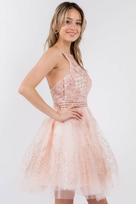 Jewel Accented Waistline Glitter Mesh V-Neck Short Dress Tux-USA