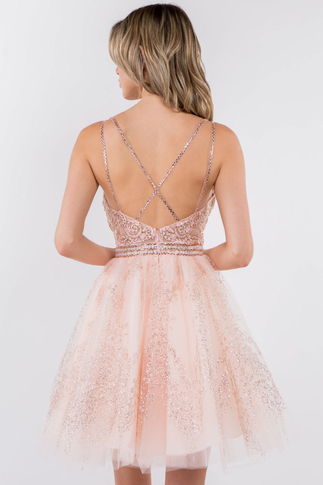 Jewel Accented Waistline Glitter Mesh V-Neck Short Dress Tux-USA