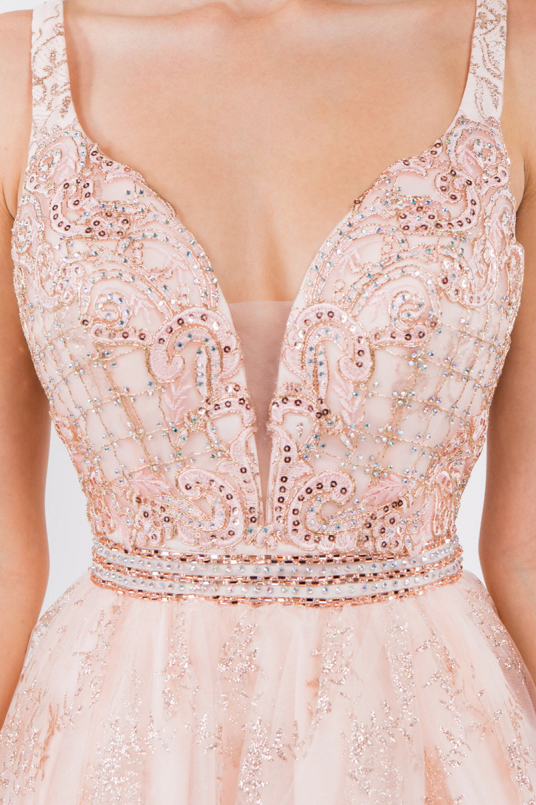 Jewel Accented Waistline Glitter Mesh V-Neck Short Dress Tux-USA