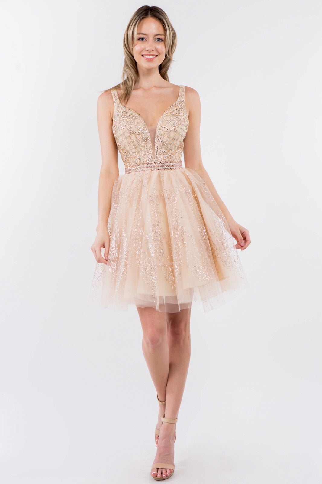 Jewel Accented Waistline Glitter Mesh V-Neck Short Dress Tux-USA