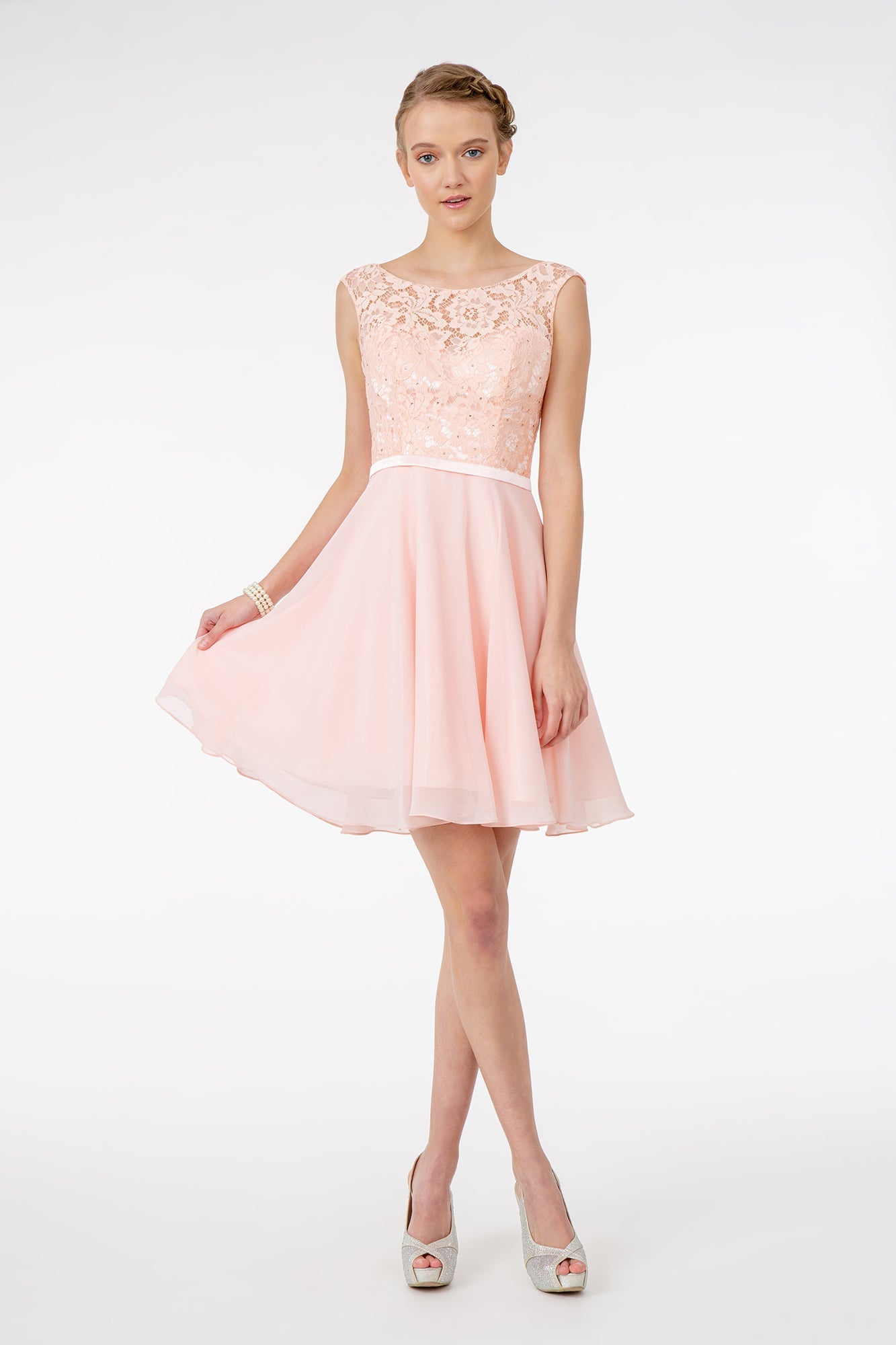 Lace Embellished Bodice Chiffon Short Dress Tux-USA