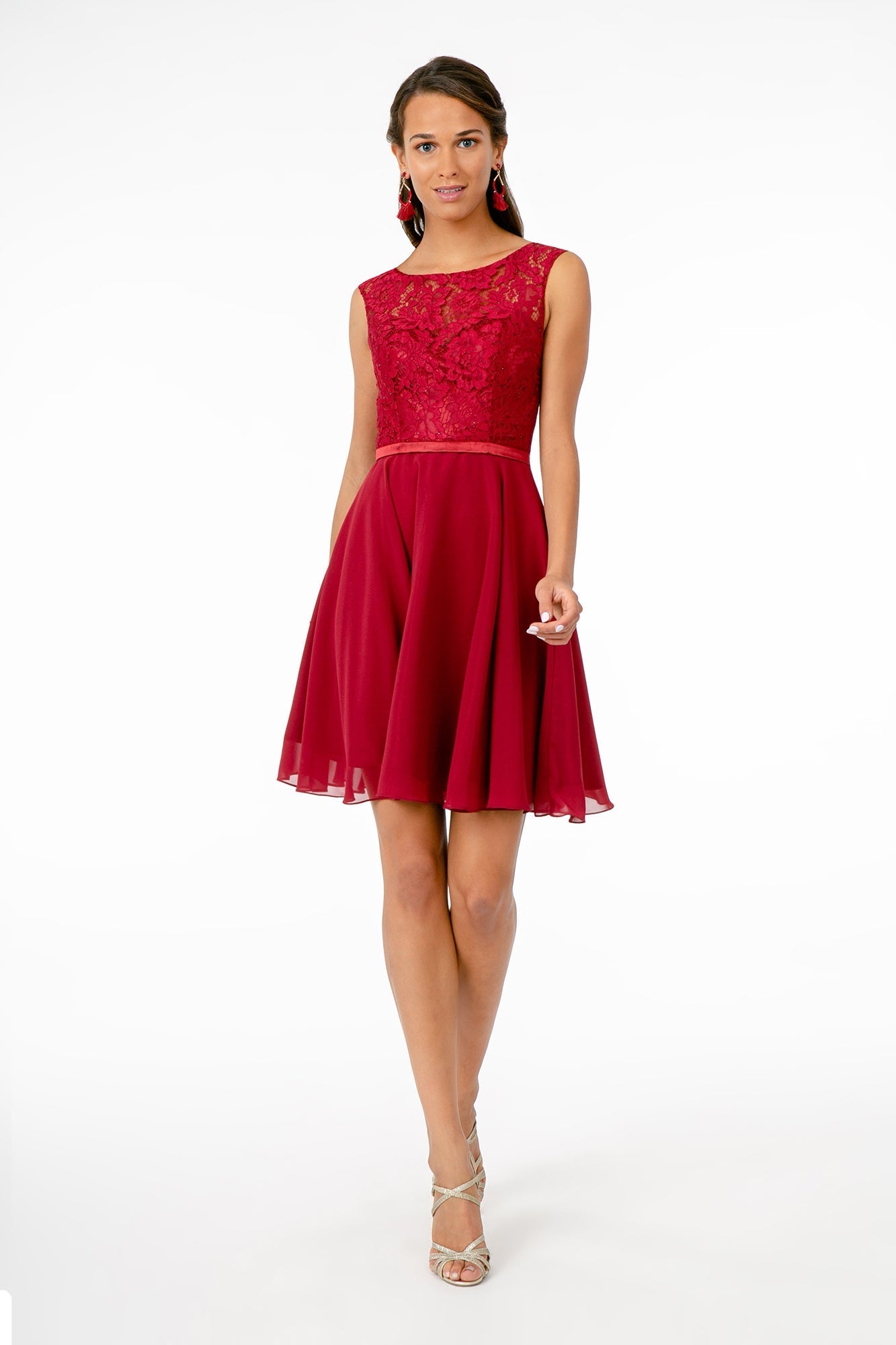 Lace Embellished Bodice Chiffon Short Dress Tux-USA