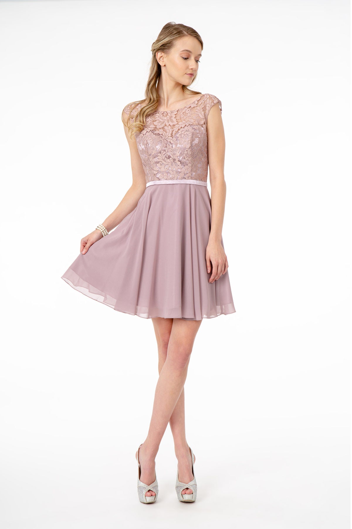 Lace Embellished Bodice Chiffon Short Dress Tux-USA