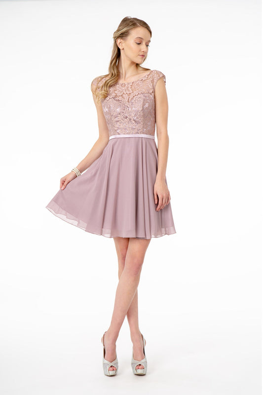 Lace Embellished Bodice Chiffon Short Dress Tux-USA