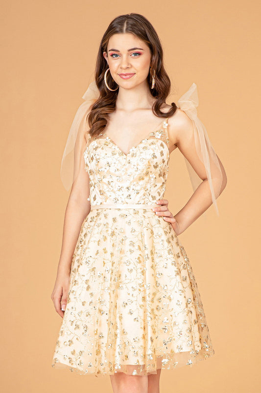 Glitter Mesh Babydoll Short Dress w/ Ribbon Attachment on Shoulder Tux-USA