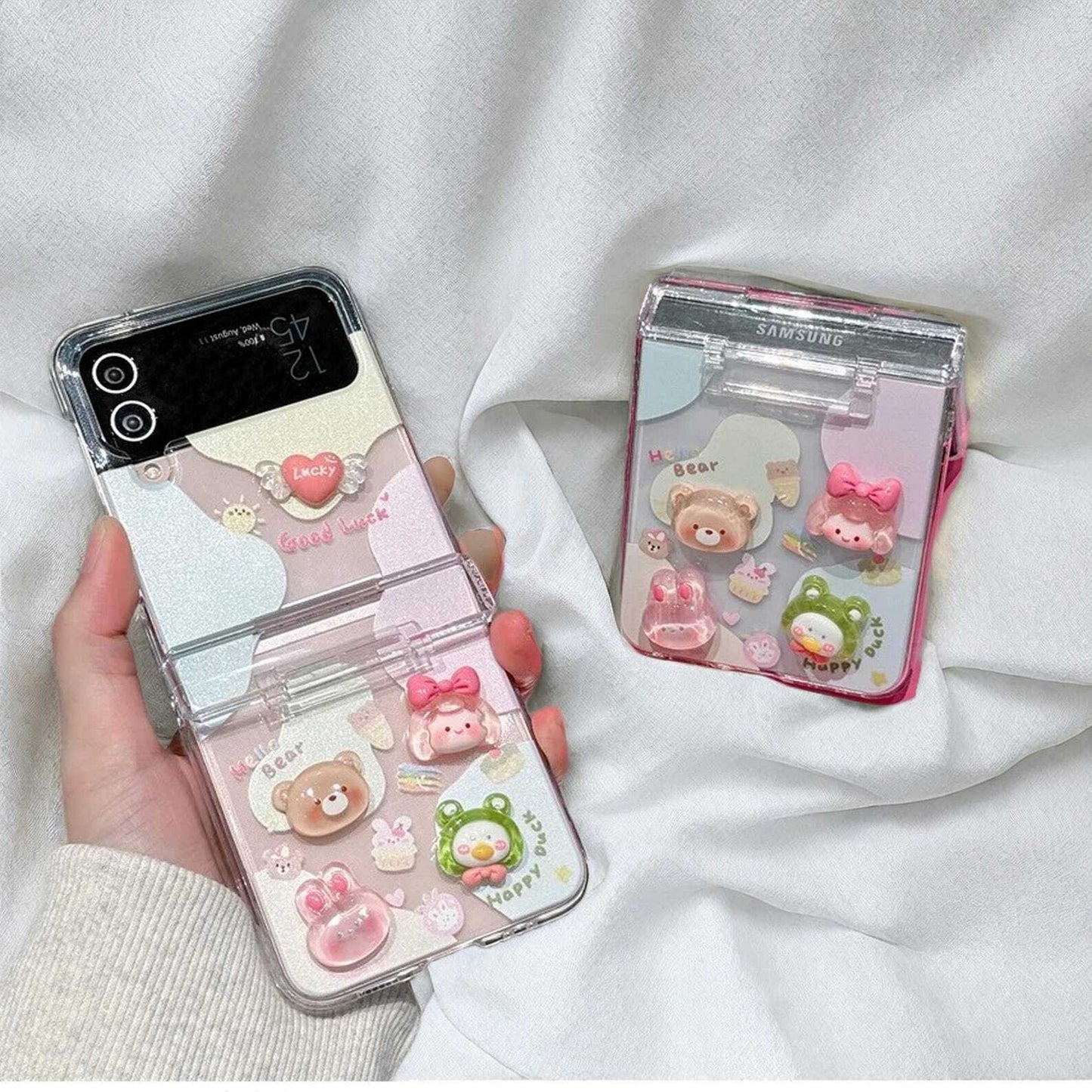 3D Cartoon Girl Bracelet Phone Case for Samsung Galaxy Z Flip 3 4 5 6 - Clear Shockproof Back Cover with Wrist Strap for Easy Carry W2B
