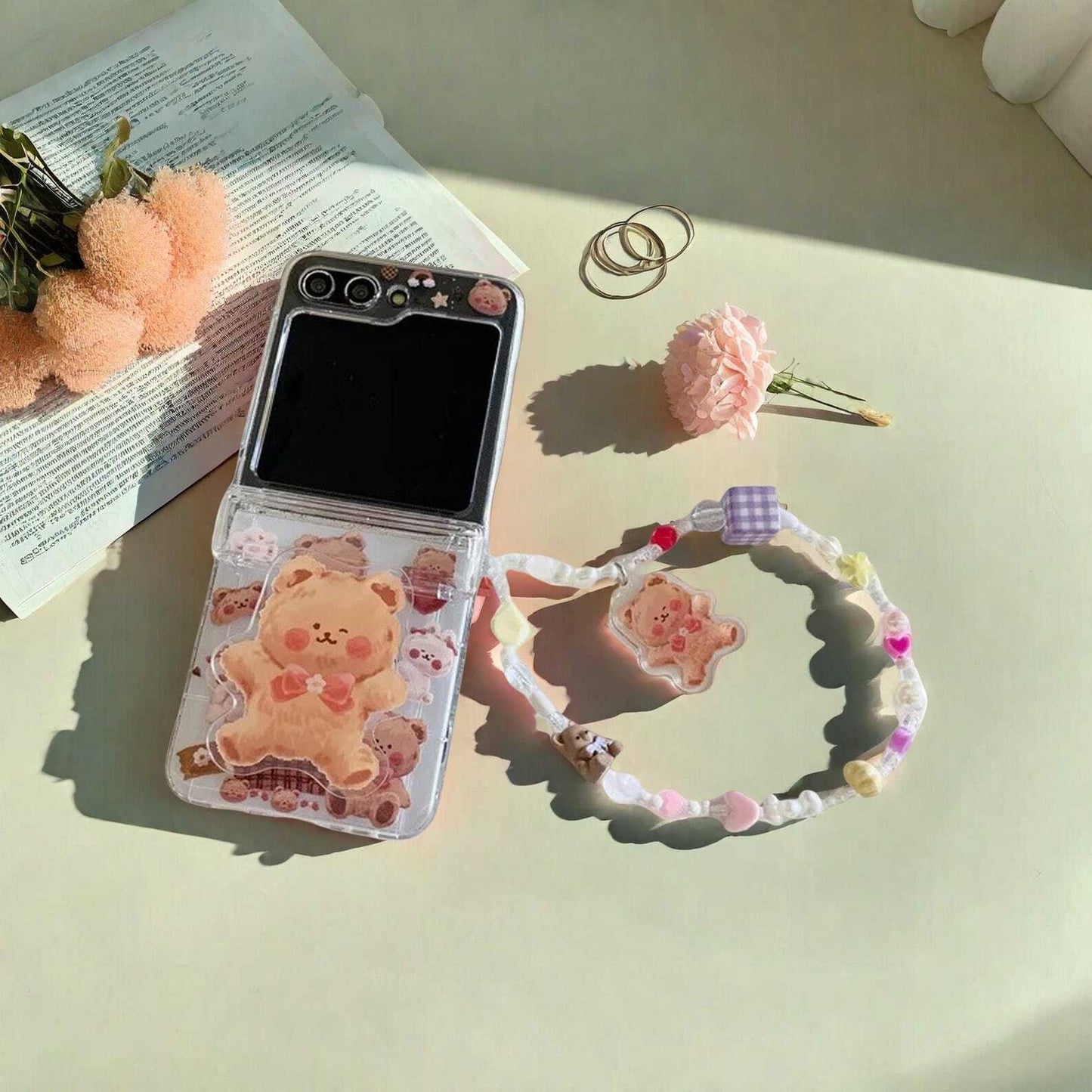 Cute Cartoon Bear Bracelet Phone Case with Card Slot for Samsung Galaxy Z Flip 3 4 5 6 - Clear Shockproof Protective Cover W2B