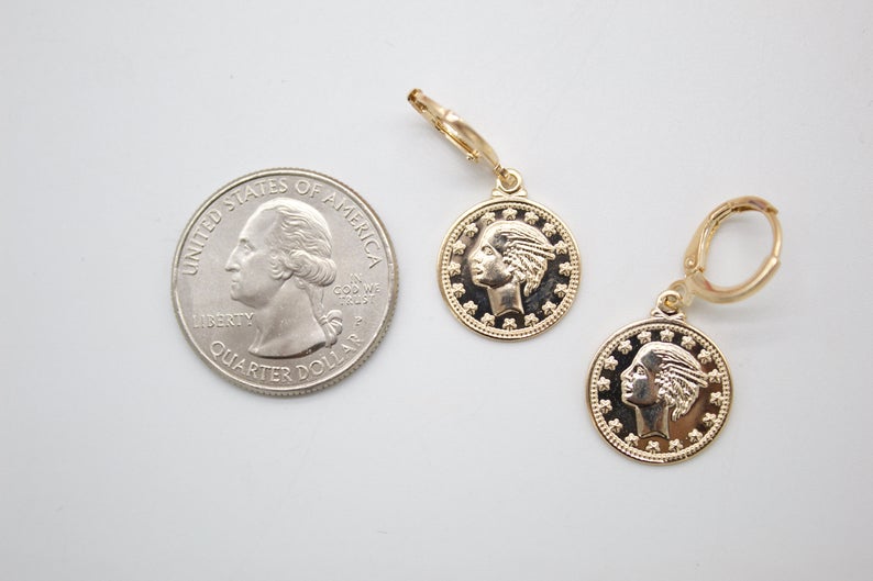 18K Gold Filled Coin Charm Dainty Dangle Hoop Dangle Earring (L336) MIA Jewelry