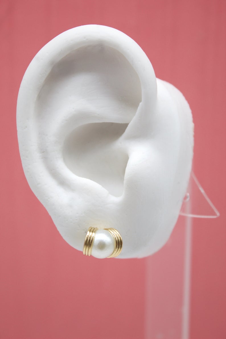 18K Gold Filled Pearl Stud Earrings With Golden Rings MIA Jewelry